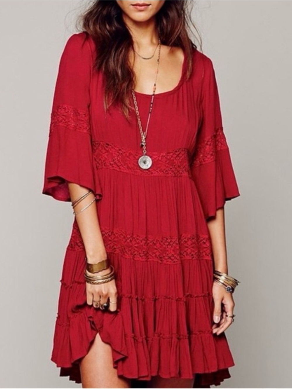 Free People Full Circle Tiered Ruffle Dress in Red